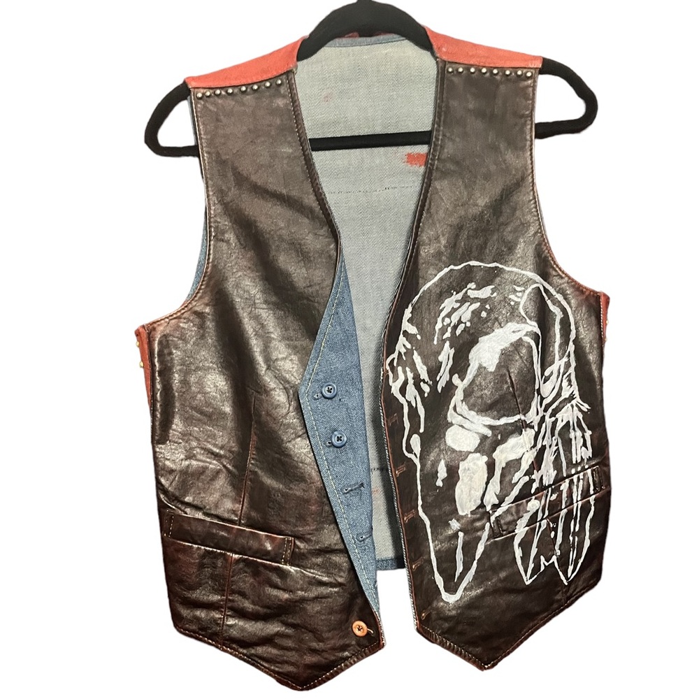 Hand Painted Leather and Denim Vest with Studs and Back Patch Work